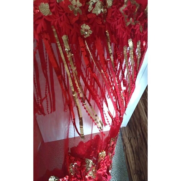 Banjul Sequin Mesh Maxi Dress Gown Small Red Gold Christmas Party Sparkly - Picture 9 of 11